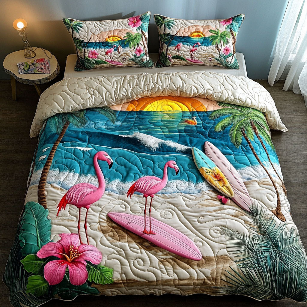 Flamingo Beach Quilted Bedding Set Bed Decorations Gifts For Flamingo Lovers