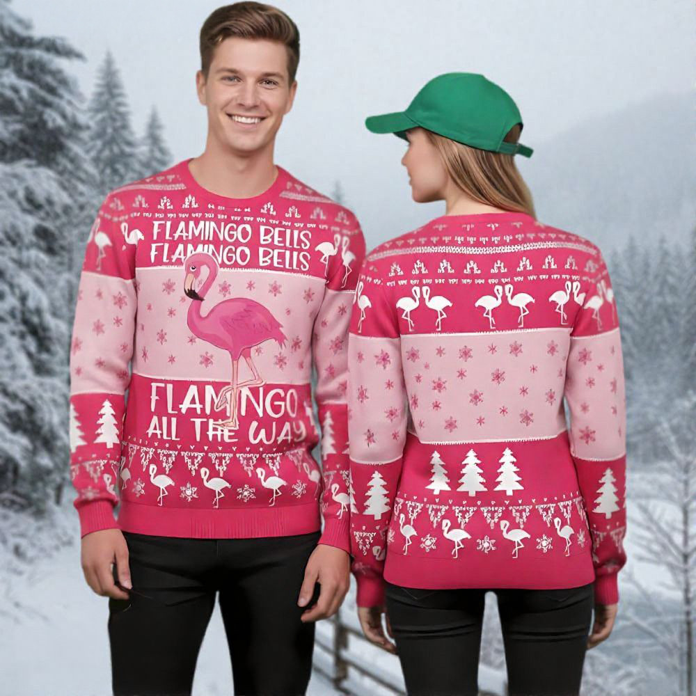 Flamingo Bells Ugly Christmas Sweater Flamingo All The Way Funny Couples Christmas Jumpers