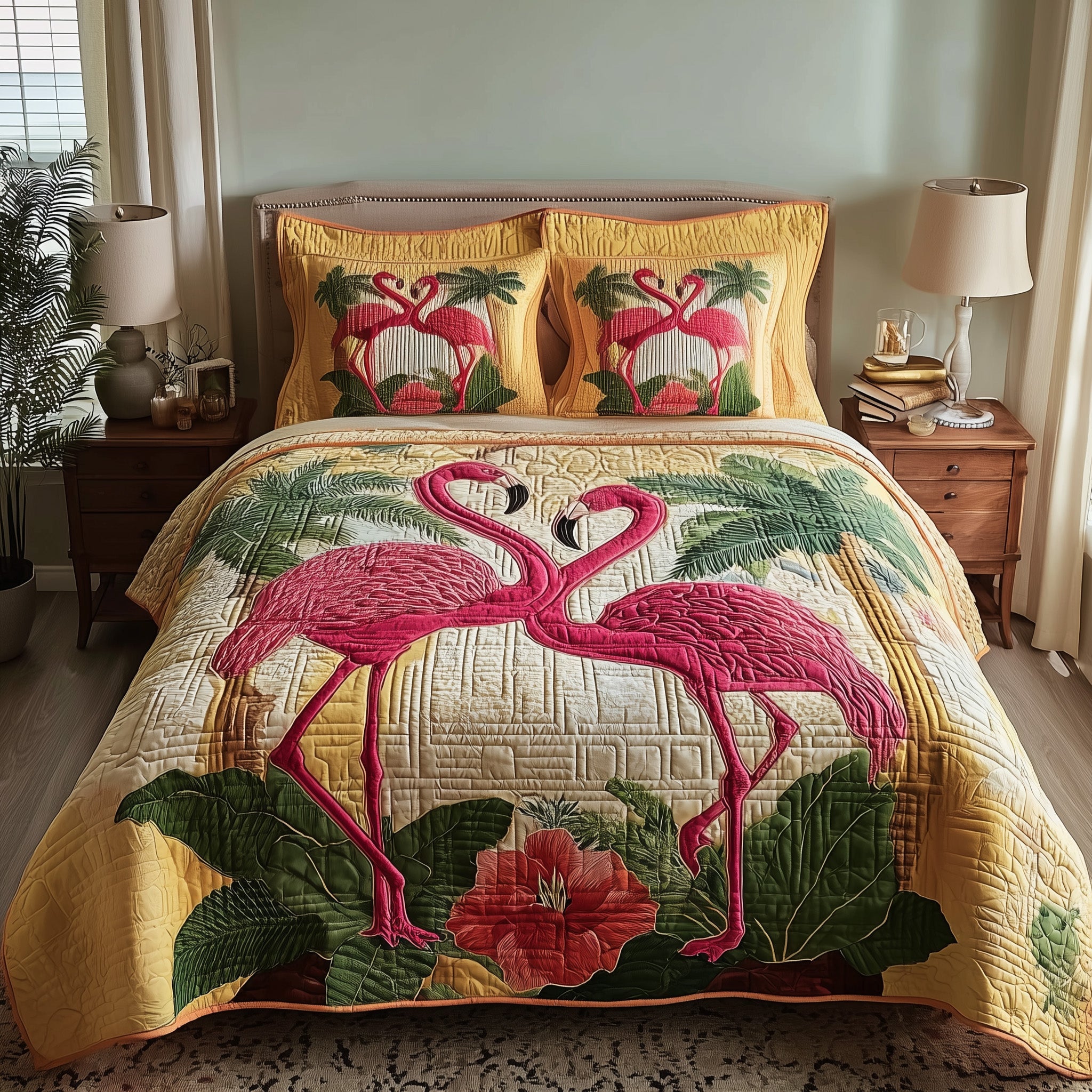 Flamingo Bliss Quilted Bedding Set Duvet Cover Bedspread Flamingo Christmas Gifts