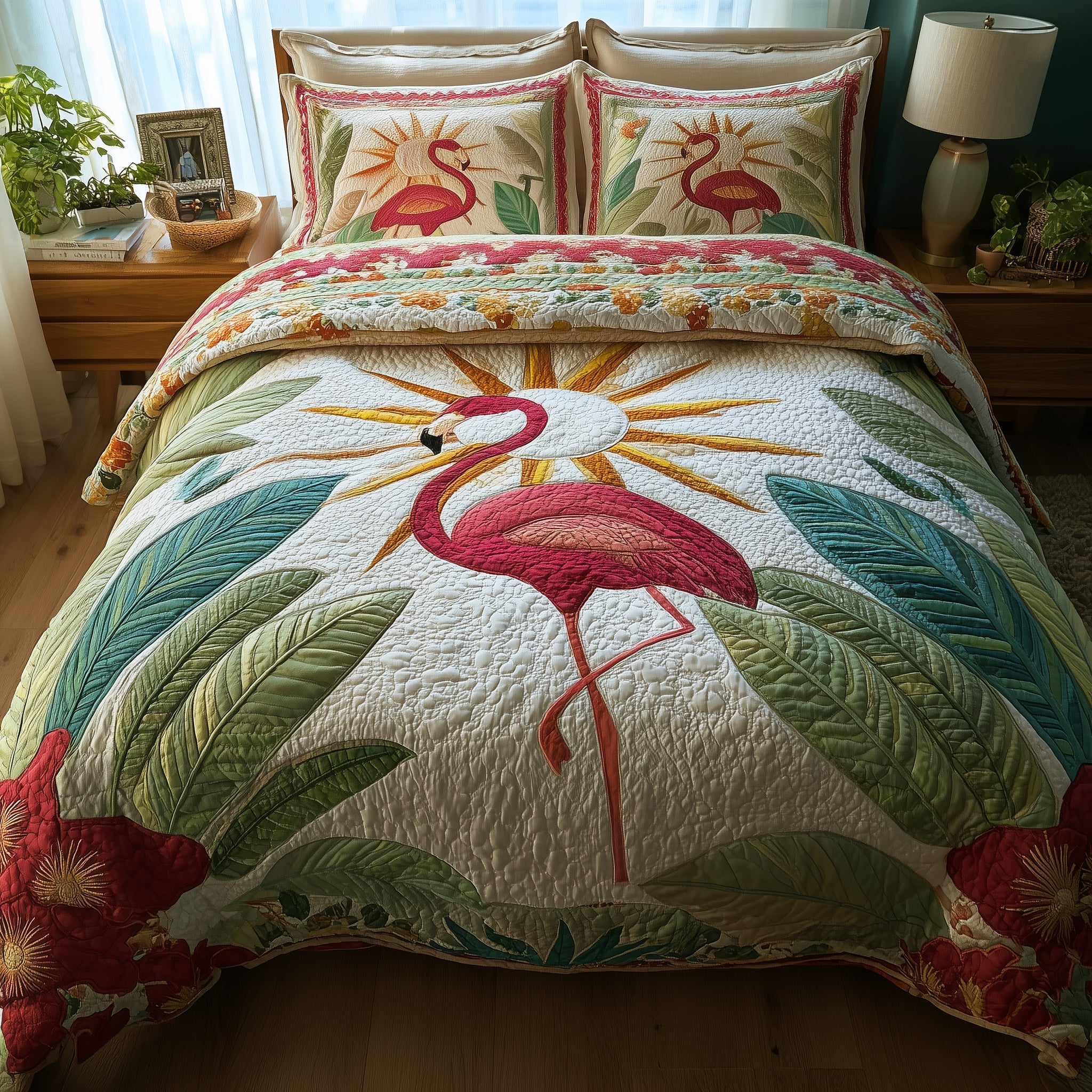 Flamingo Bliss Quilted Bedding Set Duvet Cover Bedspread Flamingo Gifts For Men Women