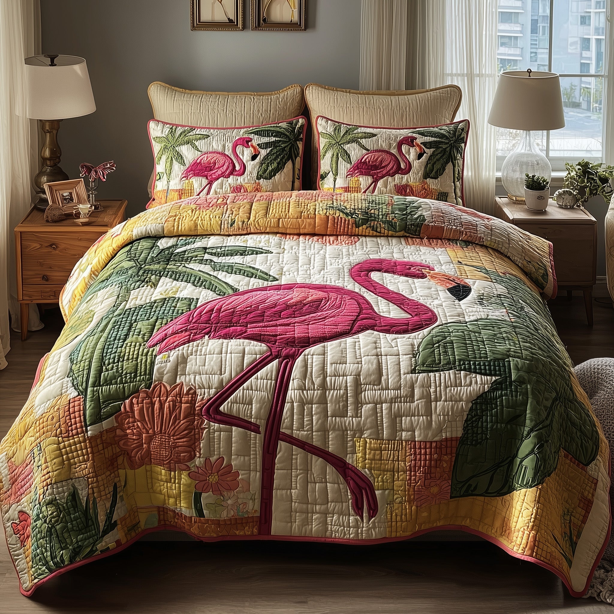 Flamingo Bliss Quilted Bedding Set Machine Washable