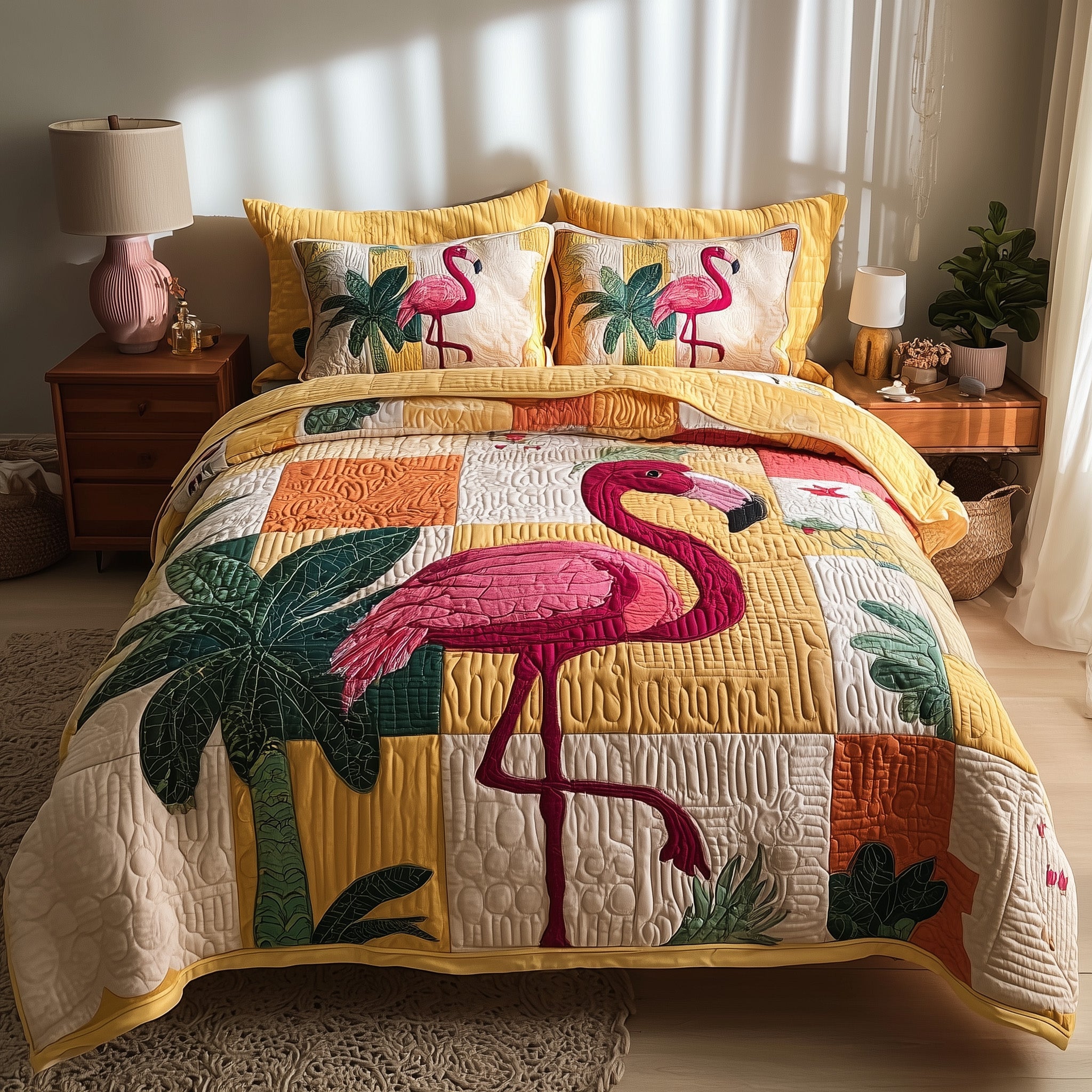 Flamingo Bliss Quilted Bedding Set Modern Design