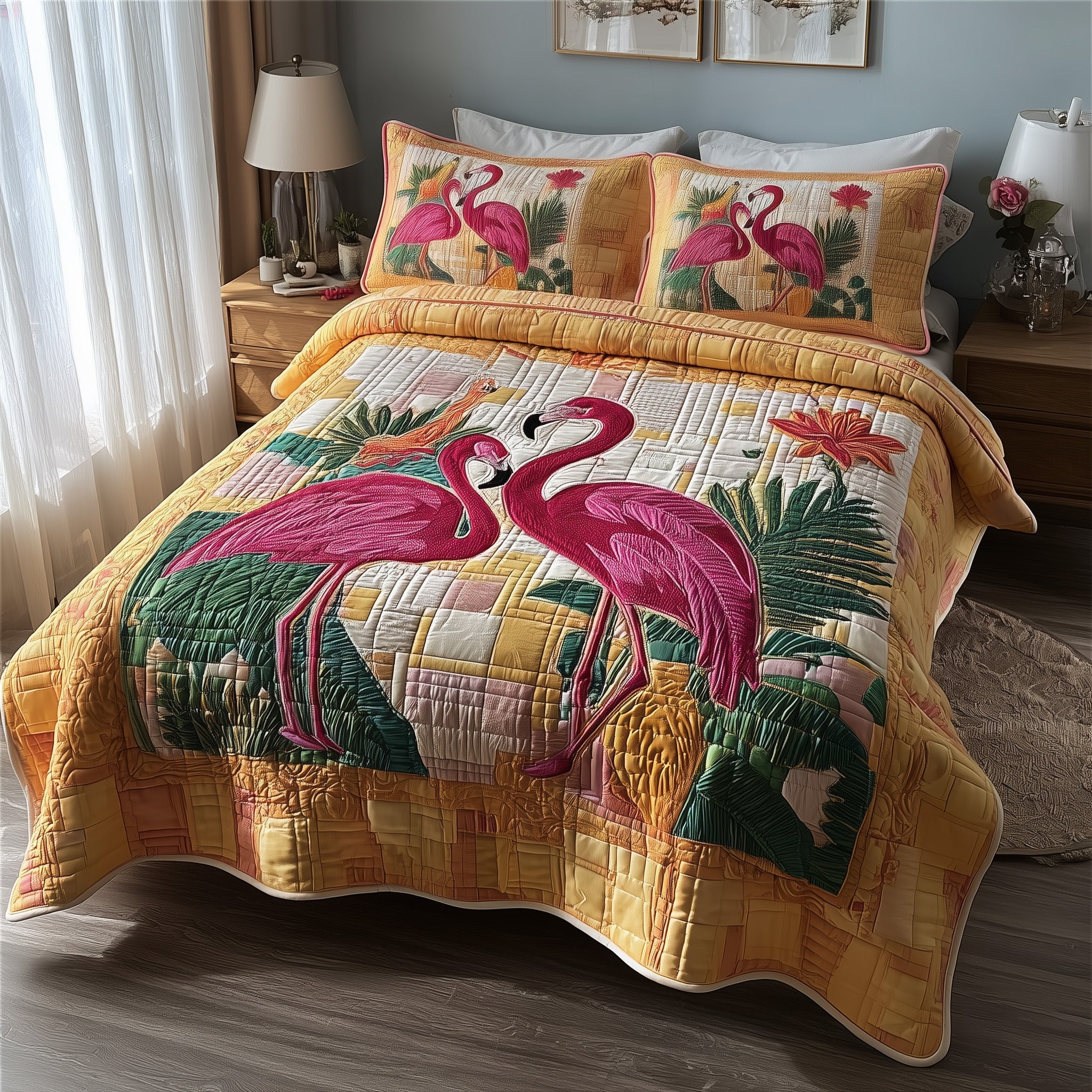 Flamingo Bliss Quilted Bedding Set Soft And Smooth