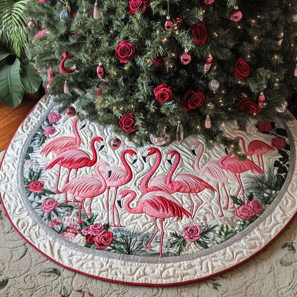Flamingo Bliss Quilted Christmas Tree Skirt Christmas Tree Base Cover Xmas Gift For Whole Family