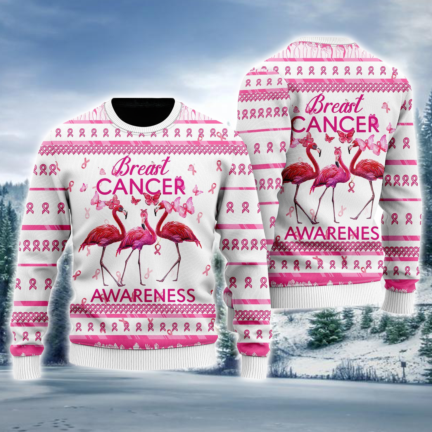 Flamingo Breast Cancer Awareness Ugly Holiday Jumper Cute Sweaters Christmas Gifts For Her