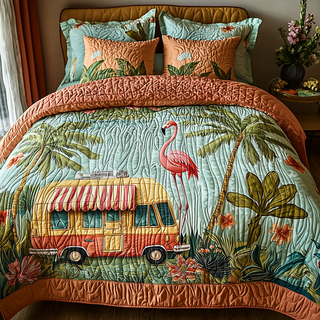 Flamingo Camping Quilted Bedding Set Bedspread Set Flamingo Gifts For Adults