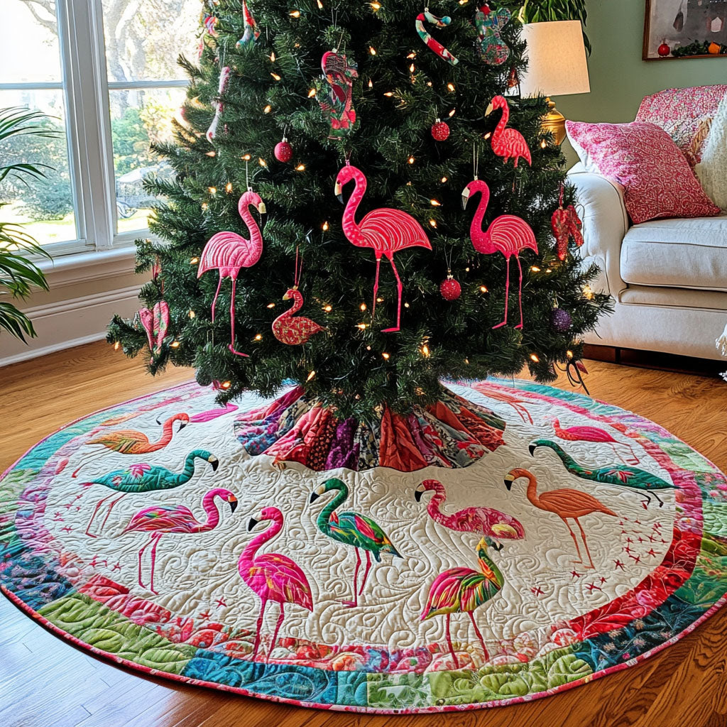 Flamingo Cheer Quilted Christmas Tree Skirt Heartwarming Christmas Tree Skirt Gift for Loved Ones