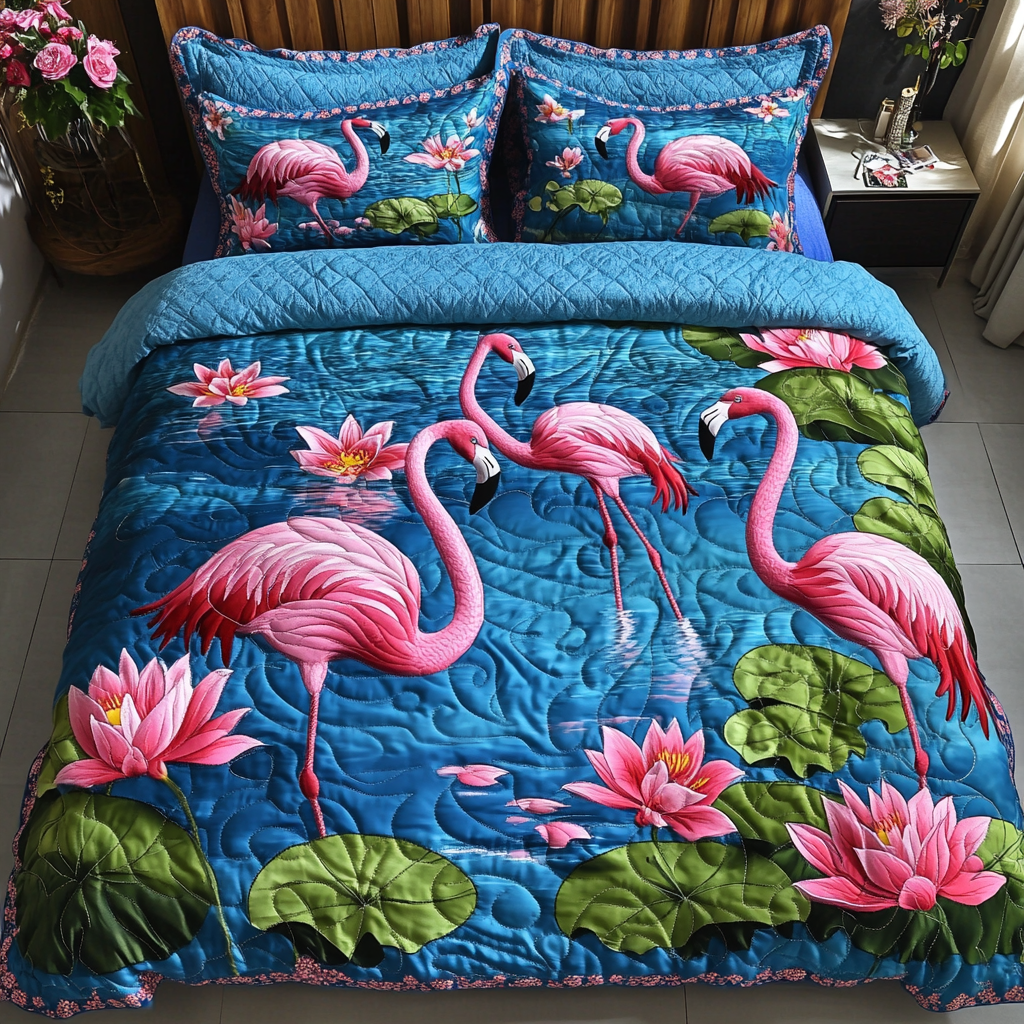 Flamingo Dance Quilted Bedding Set Cozy Bedroom Decor Flamingo Presents