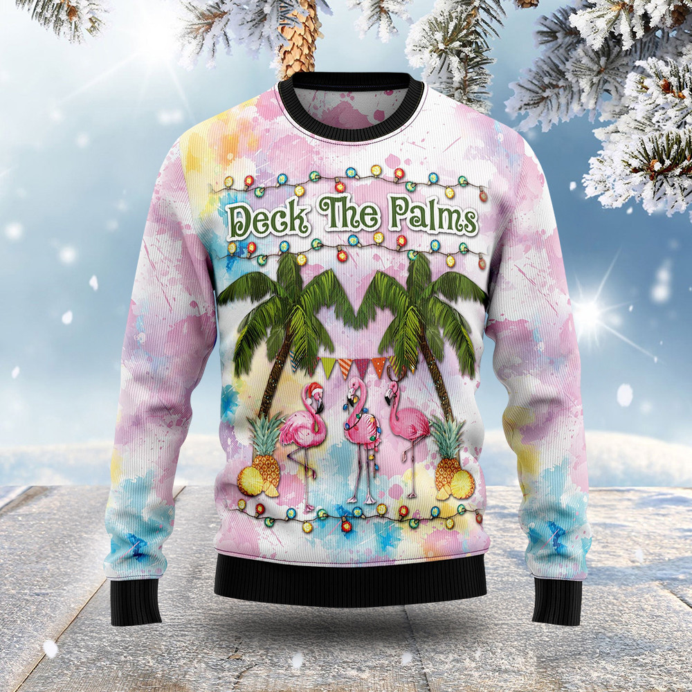 Flamingo Deck The Palms Ugly Christmas Sweater Animal Themed Christmas Gifts For Flamingo Lover