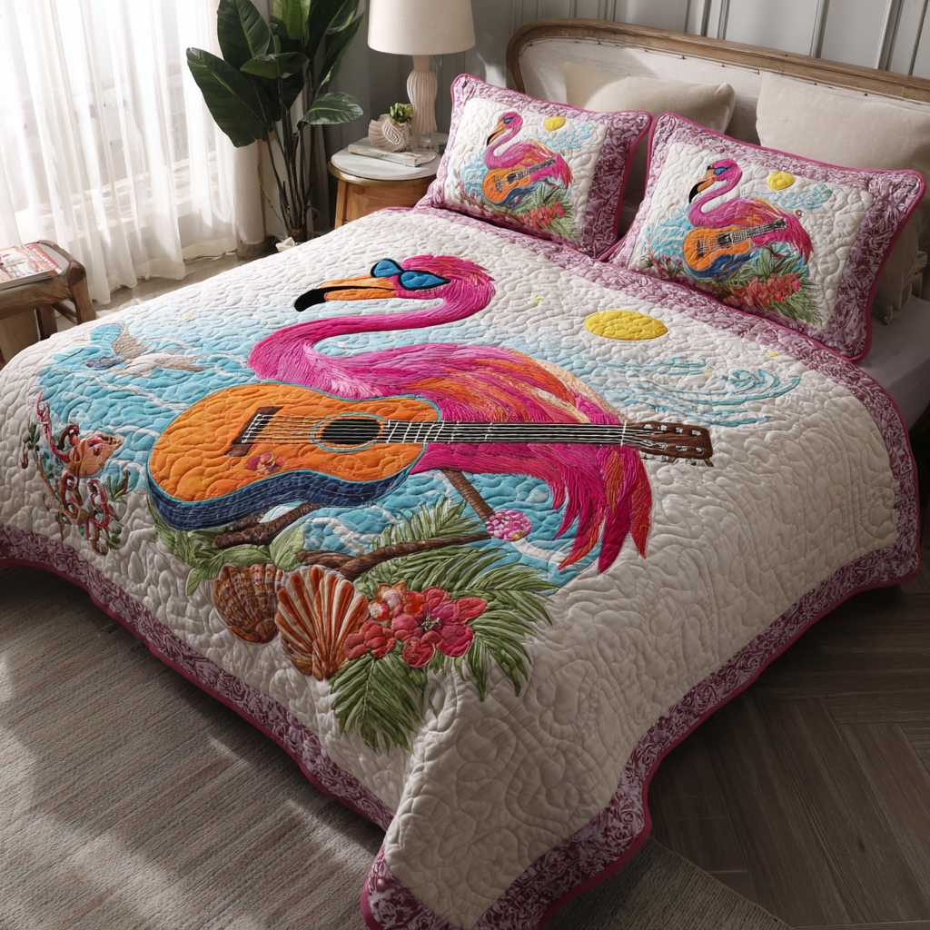 Flamingo Delight Quilted Bedding Set Bed Room Decoration Flamingo Gifts For Sisters