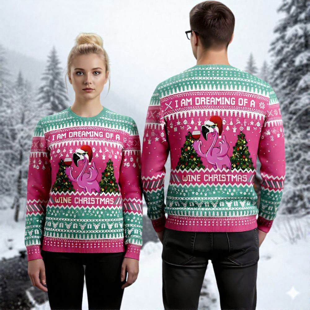 Flamingo Drinking Wines Ugly Christmas Sweater Holiday Apparel Funny Christmas Gift For Her
