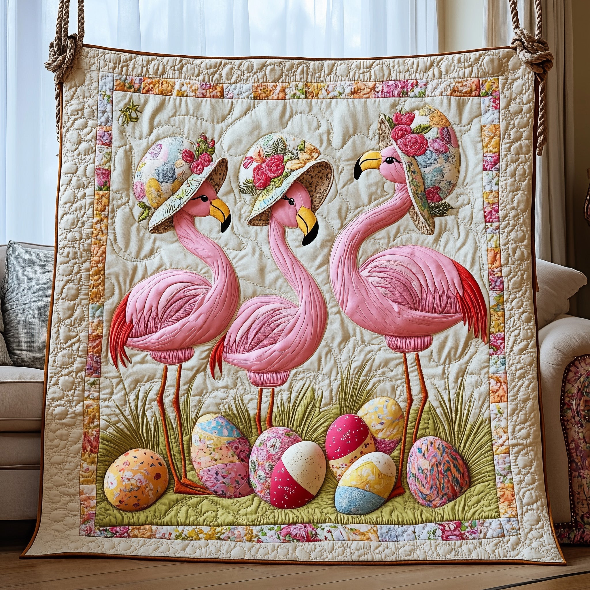 Flamingo Egg Hunt Quilted Blanket Cute Bed BlanketBest Easter Presents