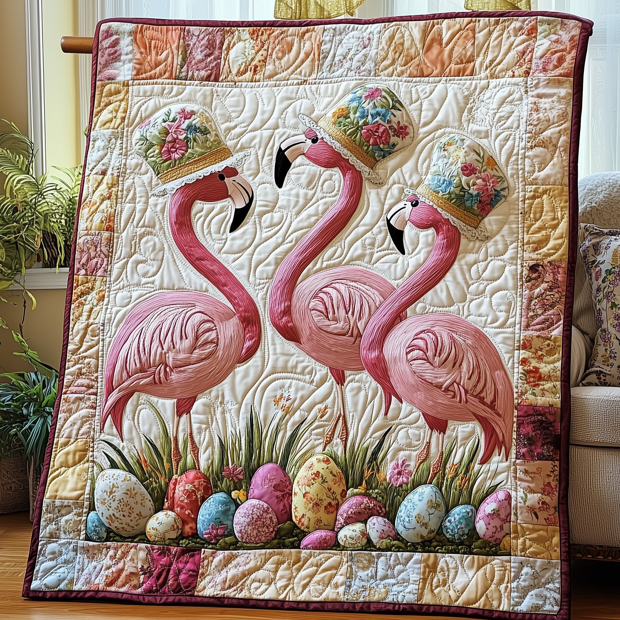 Flamingo Egg Hunt Quilted Blanket Cute Bed BlanketEaster Presents For Family