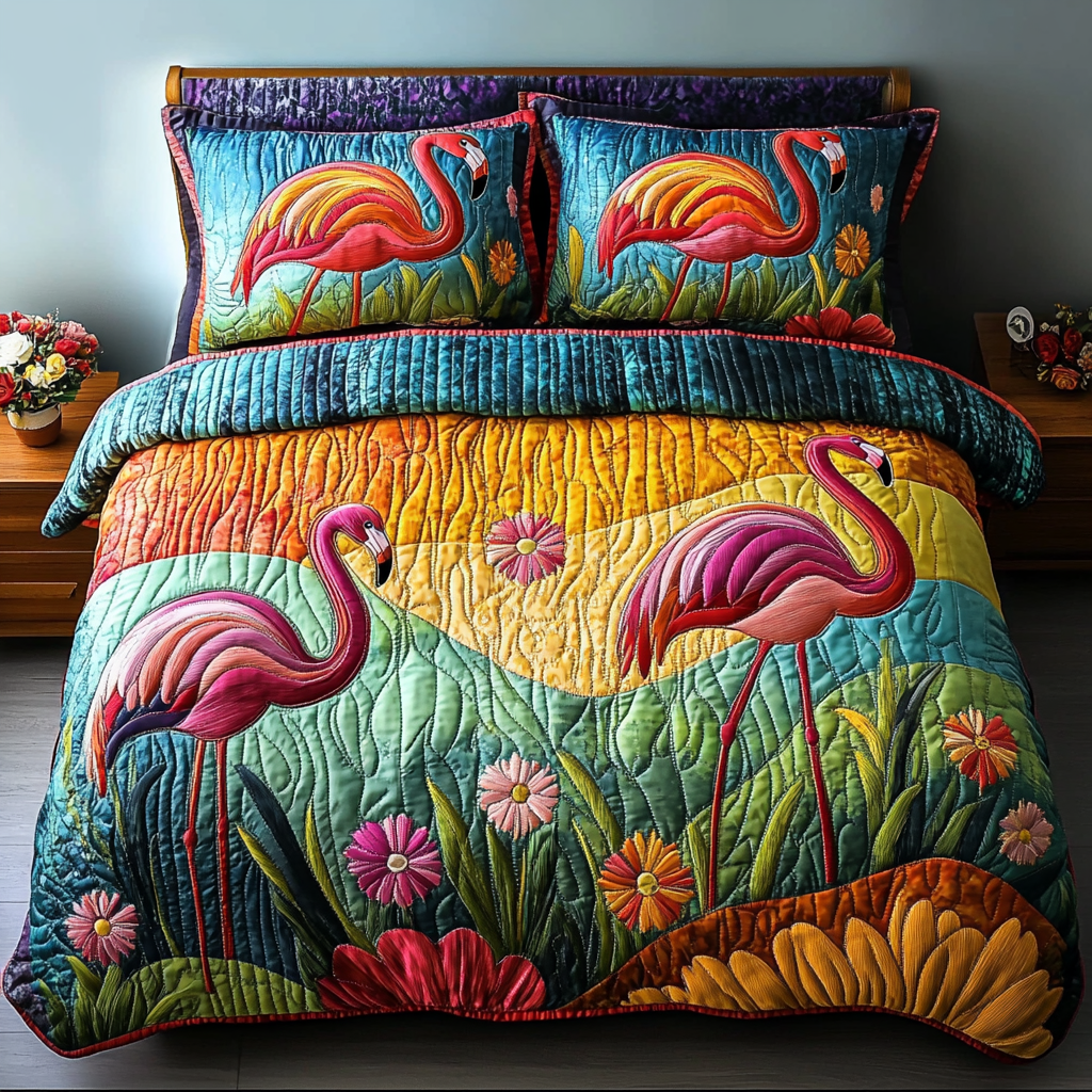 Flamingo Escape Quilted Bedding Set Bedroom Decor Flamingo Special Gifts
