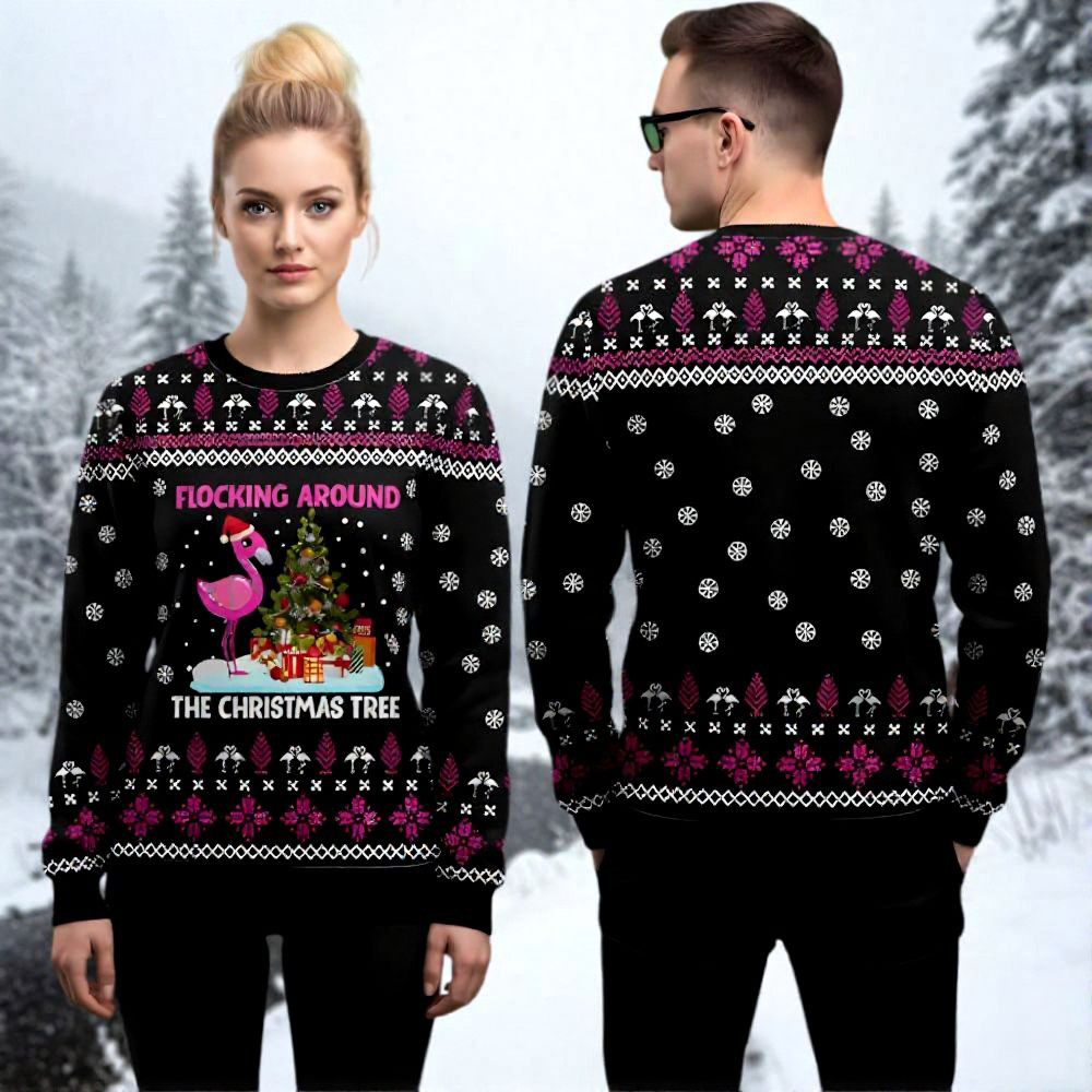 Flamingo Flocking Around Ugly Christmas Sweater Flamingo Themed Festive Wear Xmas Gift Ideas