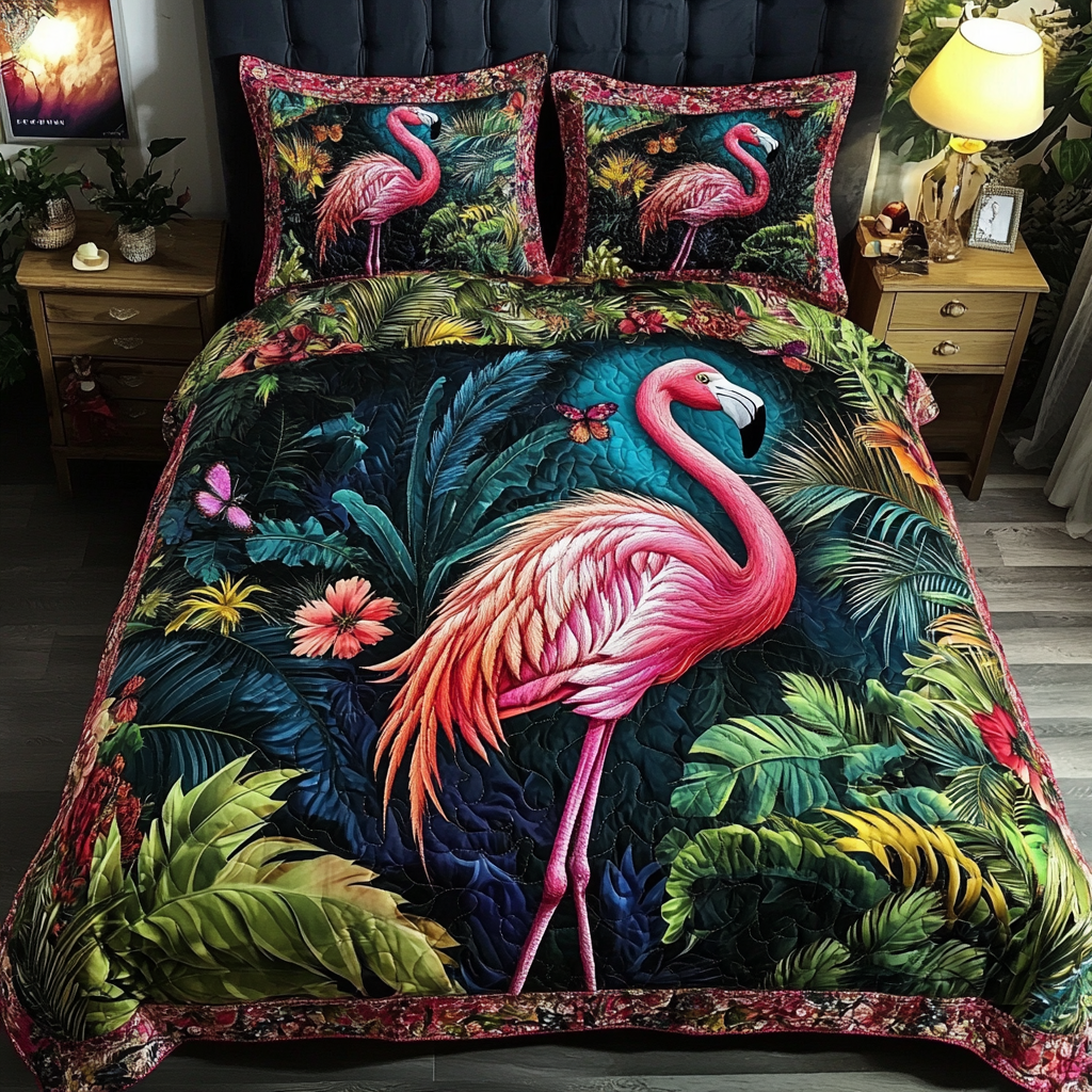 Flamingo Glow Quilted Bedding Set Bed Decorations Birthday Presents For Flamingo Lovers