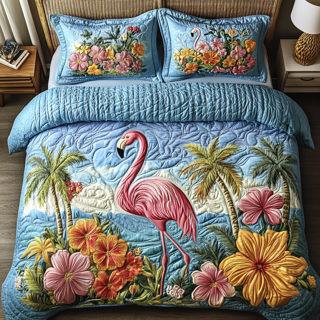 Flamingo Glow Quilted Bedding Set Bed Room Decoration Cool Flamingo Gifts