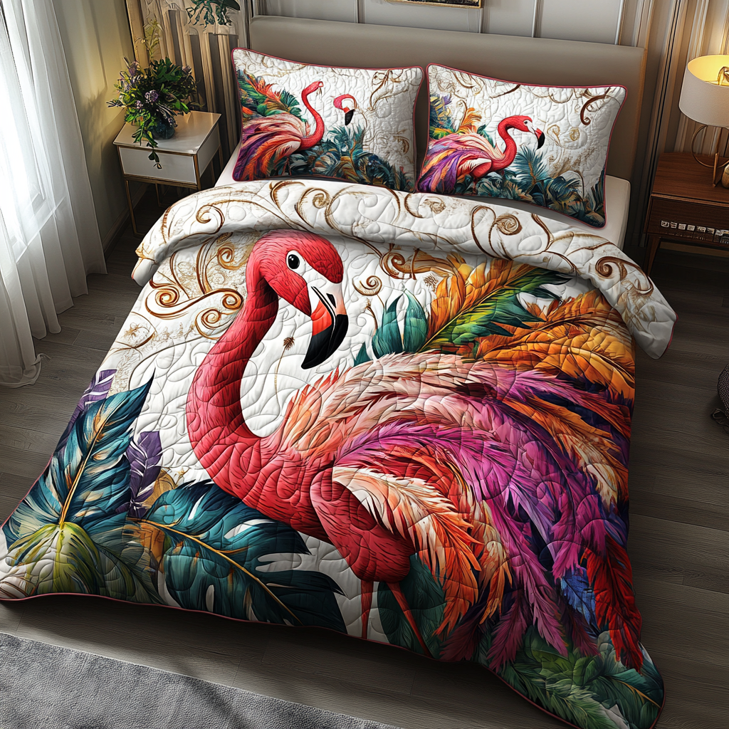 Flamingo Glow Quilted Bedding Set Holiday Season Duvet Cover Set Flamingo Birthday Gift Ideas