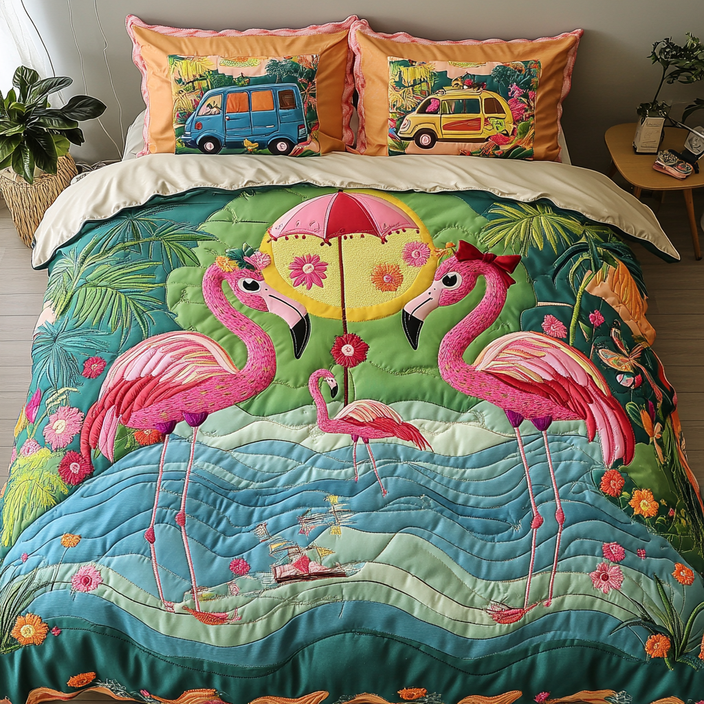 Flamingo Glow Quilted Bedding Set Unique Bed Sheet Set Great Flamingo Lover Gifts