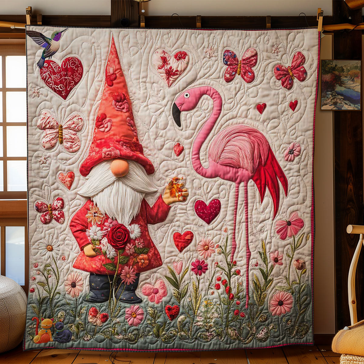 Flamingo Gnome Tales Quilt High-Quality Cotton Quilt Blanket for Restful Sleep