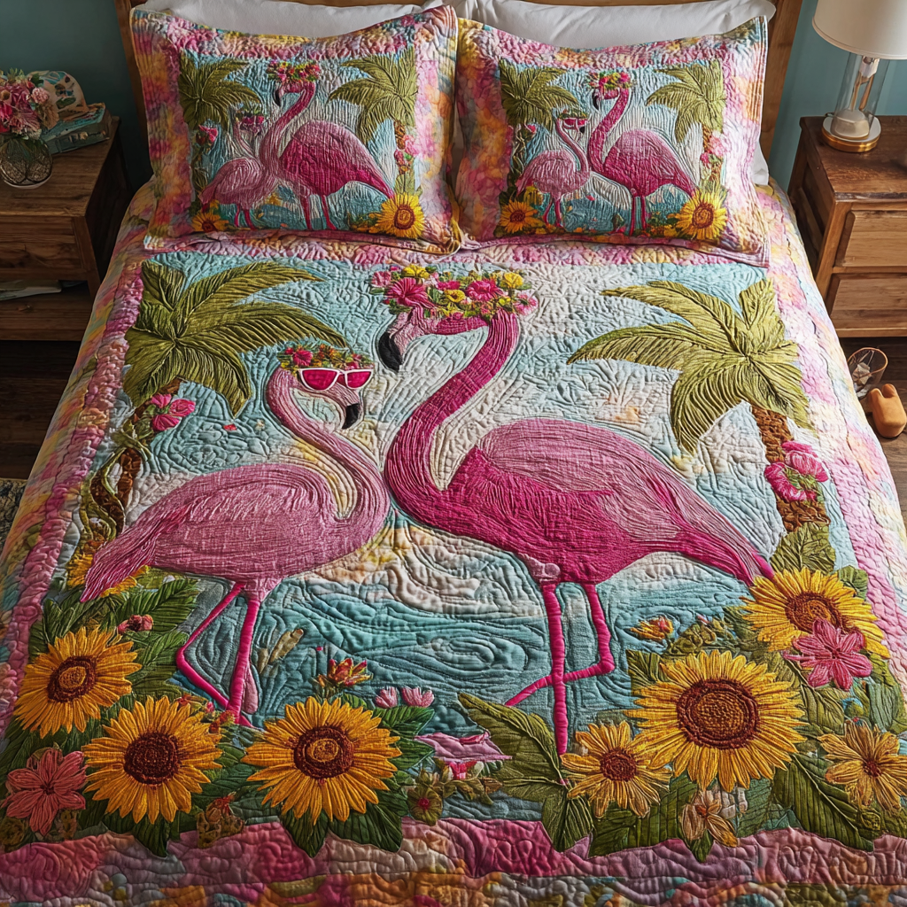 Flamingo Grace Quilted Bedding Set Bed Decor Flamingo Gifts For Her