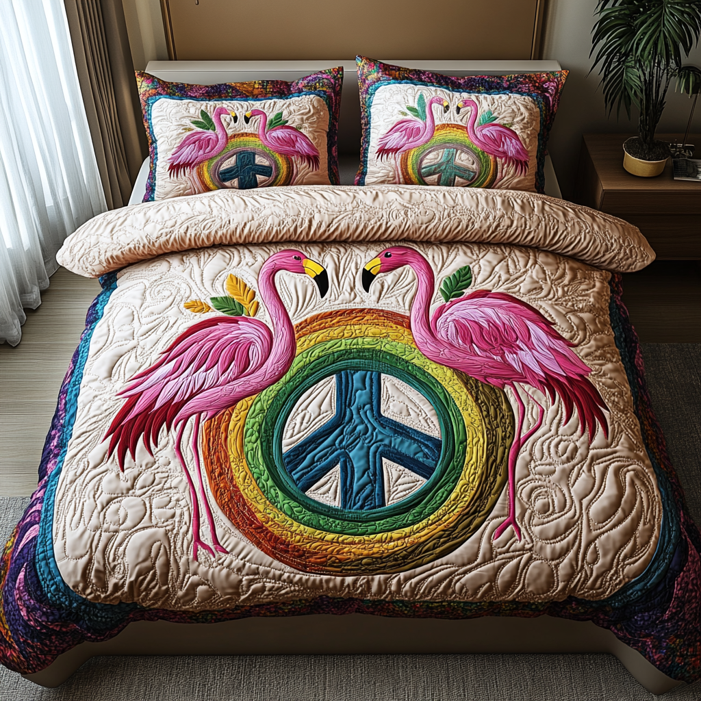 Flamingo Groove Quilted Bedding Set Bed Room Decoration Gifts For Flamingo Lovers