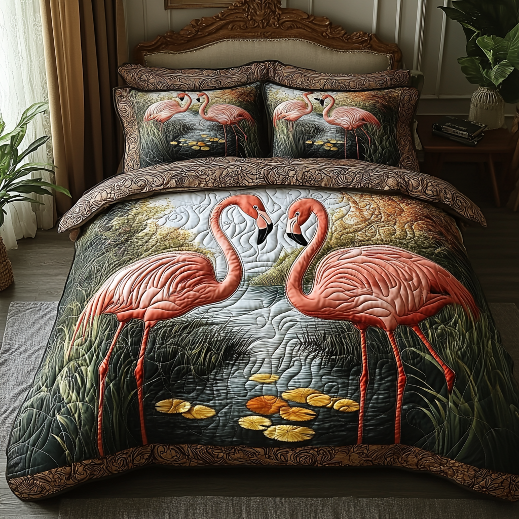 Flamingo Groove Quilted Bedding Set Cute Bedroom Decor Great Flamingo Lover Gift Ideas