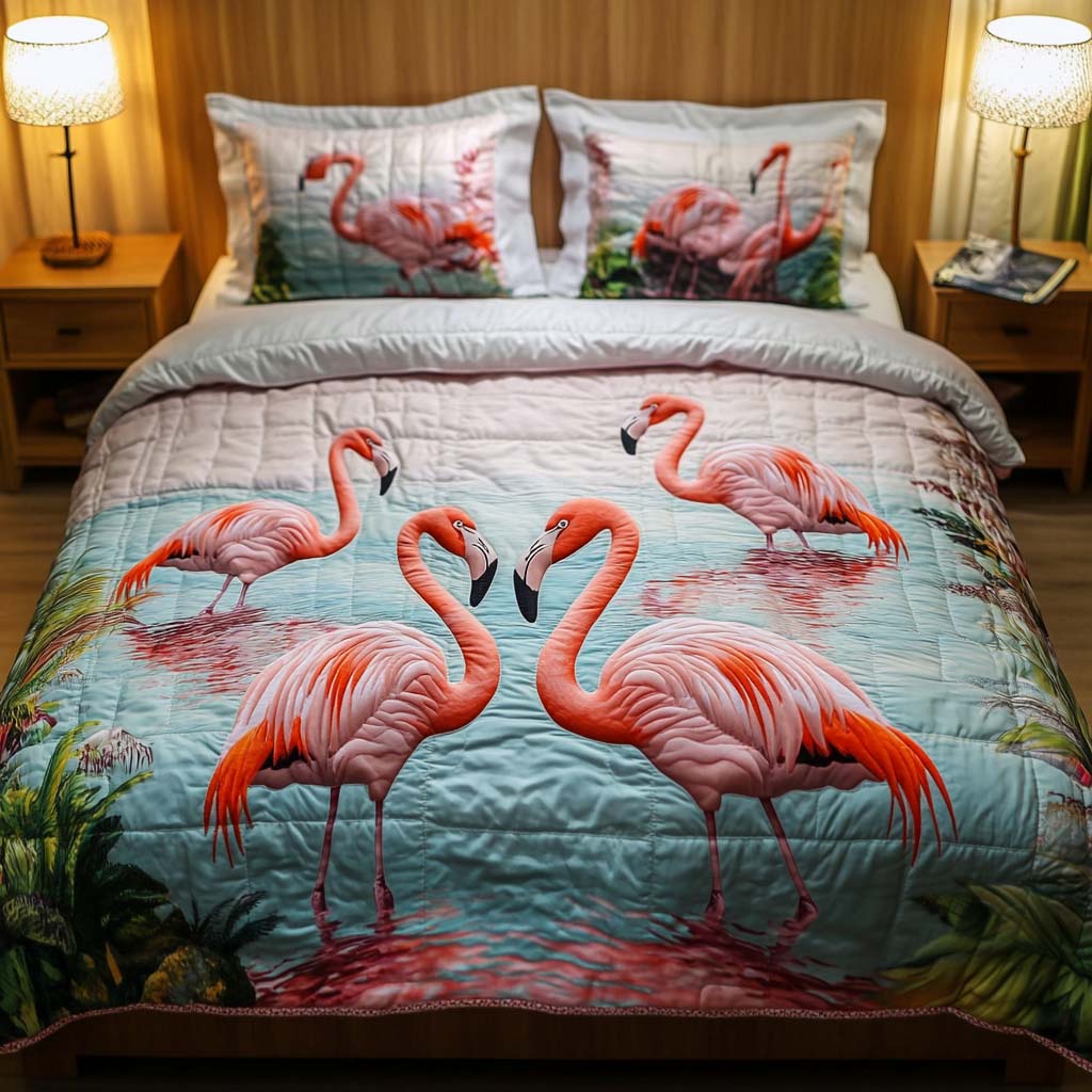Flamingo Groove Quilted Bedding Set Cute Room Decor Novelty Flamingo Gifts