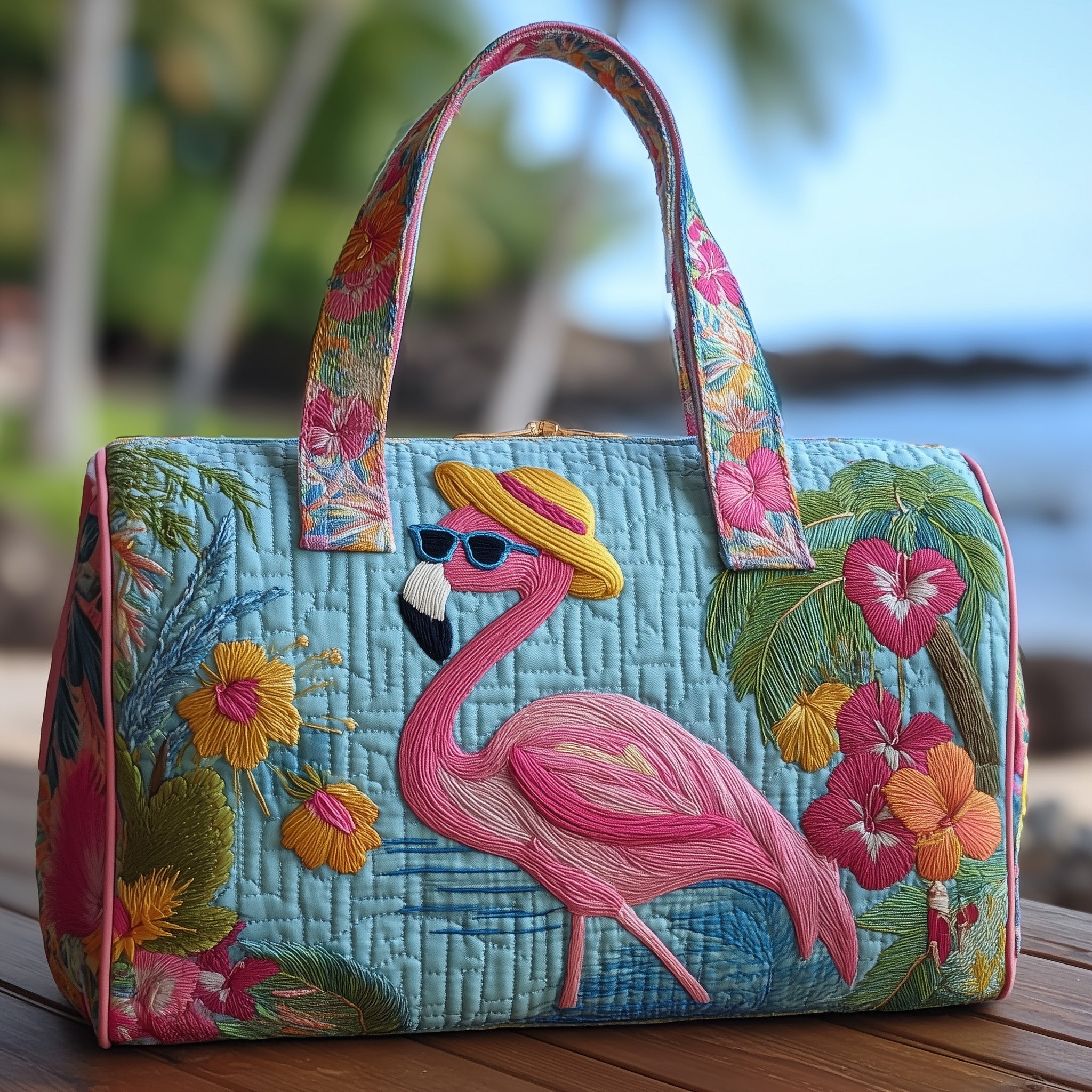 Flamingo Haven Quilted Duffle Bag Summer Vacation Essential