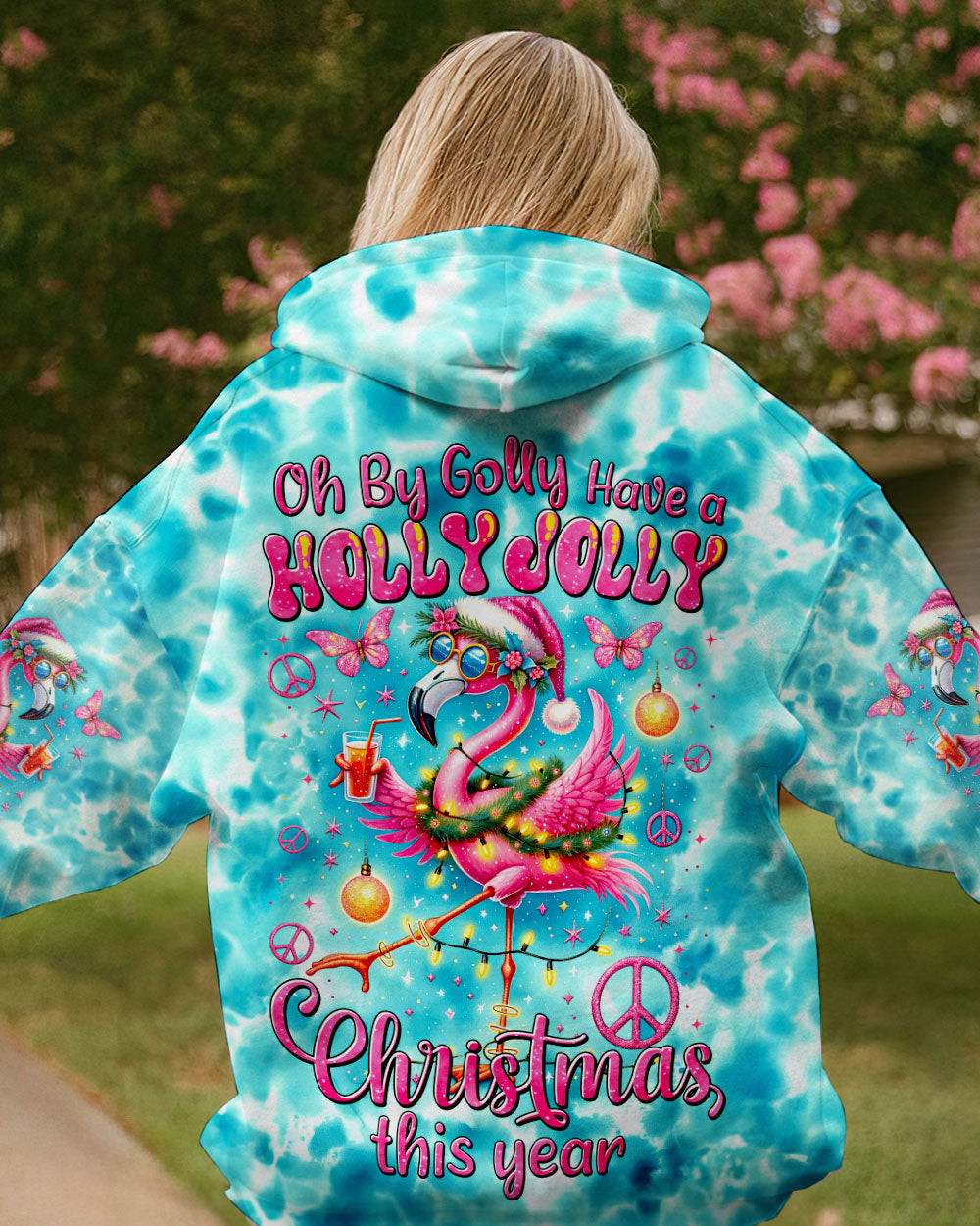 Flamingo Holly Jolly Christmas Tie Dye Hoodie Xmas Clothing Flamingo Gifts For Sisters