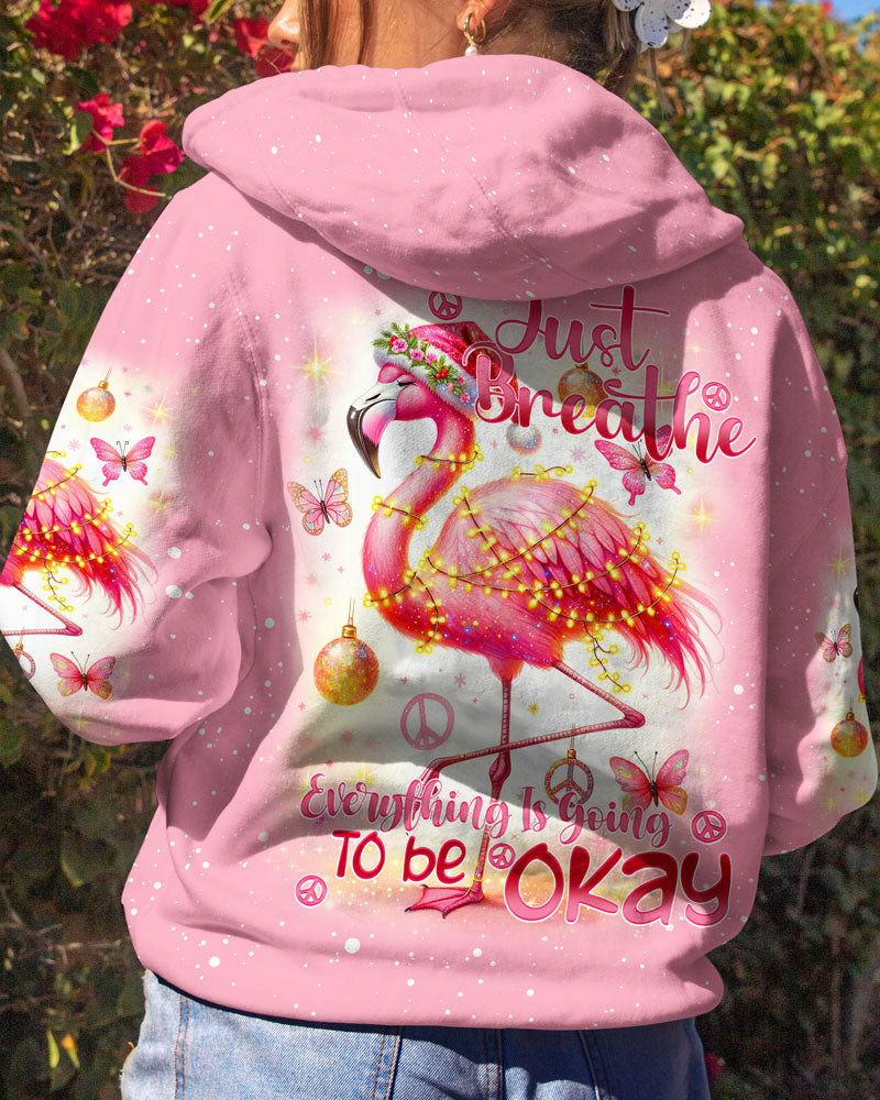 Flamingo Just Breathe Christmas Hoodie Funny Holiday Pullover Xmas Flamingo Gifts