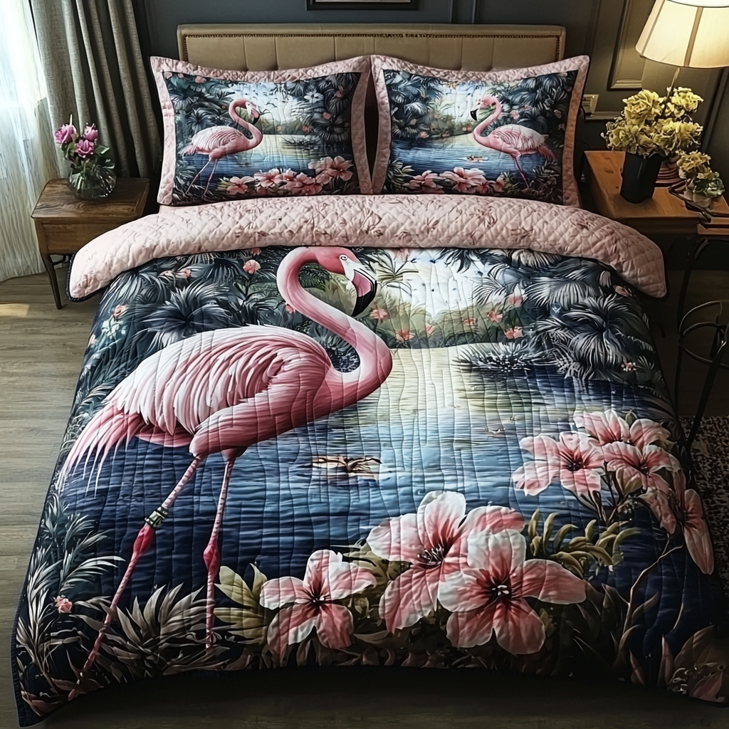 Flamingo Lake Quilted Bedding Set Aesthetic Room Decor Gifts With Flamingos On Them