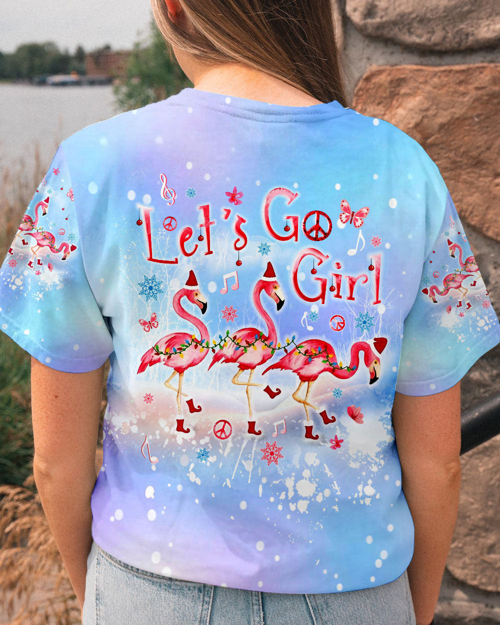 Flamingo Let's Go Girl Christmas T-Shirt Xmas Holiday Clothing Flamingo Based Presents