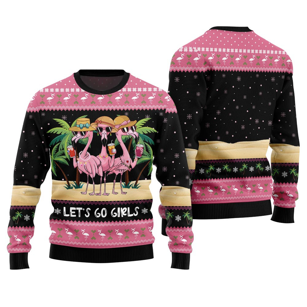 Flamingo Lets Go Girls Ugly Xmas Sweater Festive Sweatshirt for Christmas Celebrations