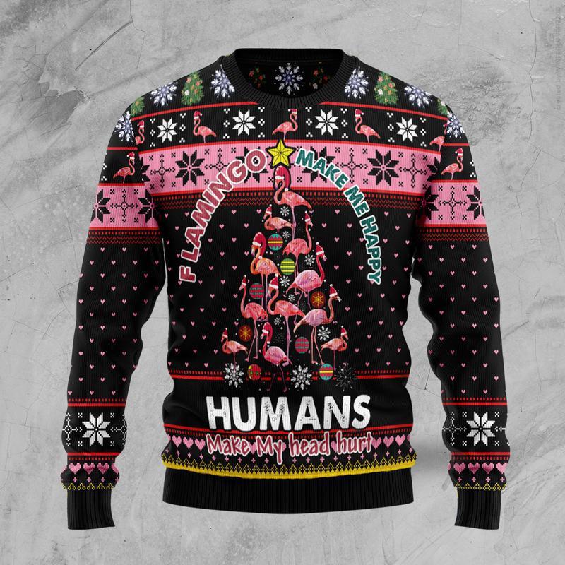 Flamingo Make Me Happy Christmas Tree Ugly Sweater Xmas Clothing Gifts For Flamingo Lovers
