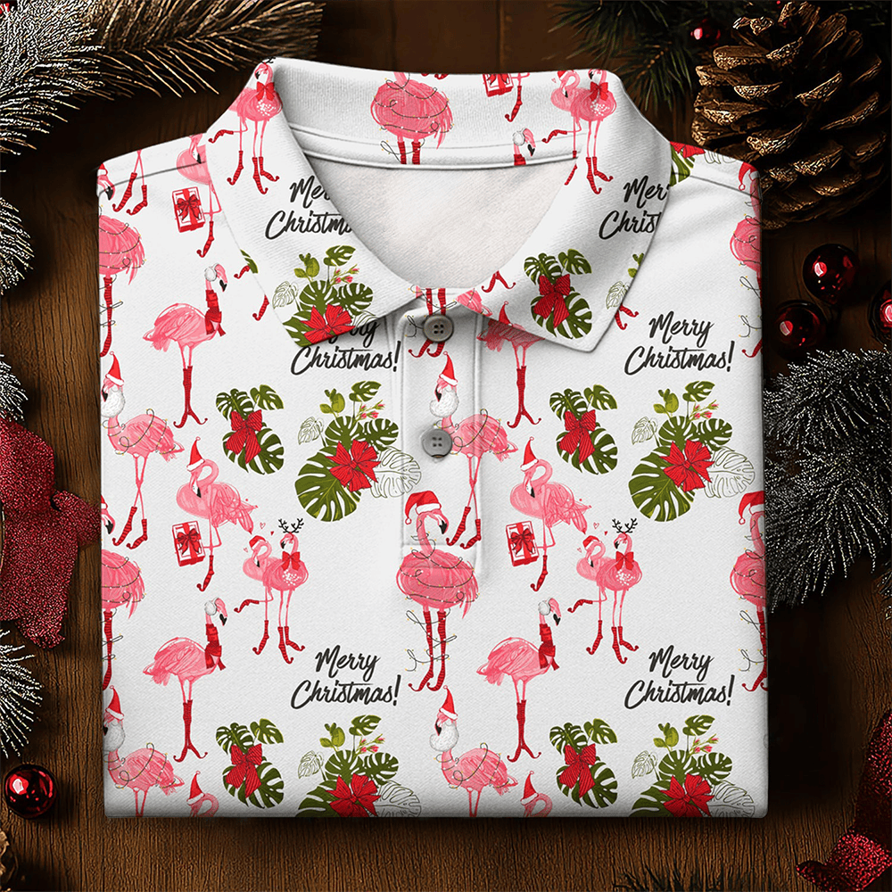 Flamingo Merry Christmas Golf Polo Shirt Animal Themed Golf Clothes Christmas Golf Presents