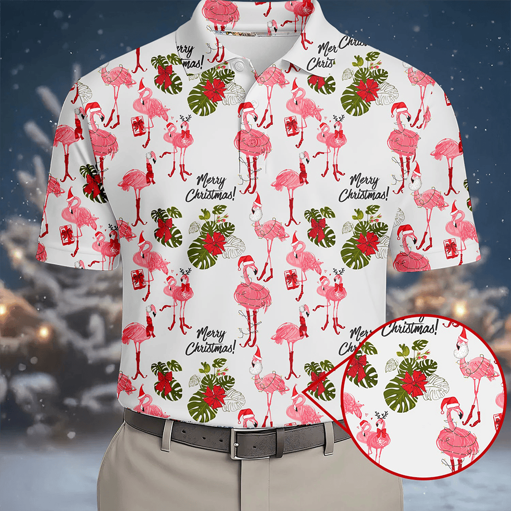 Flamingo Merry Christmas Golf Polo Shirt Holiday Wear Christmas Gifts For Golfers