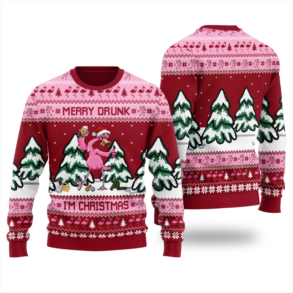 Flamingo Merry Drunk Im Christmas Ugly Christmas Sweater For Men Warm and Comfy Sweater for Winter Days