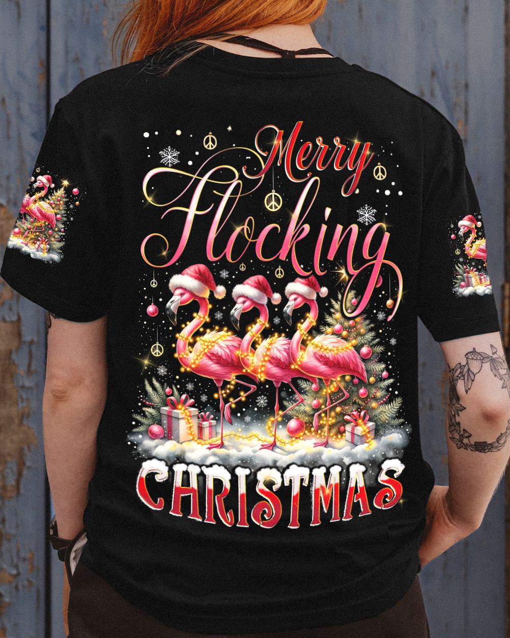 Flamingo Merry Flocking Christmas T-Shirt Cozy Winter Shirt Xmas Flamingo Gifts For Ladies