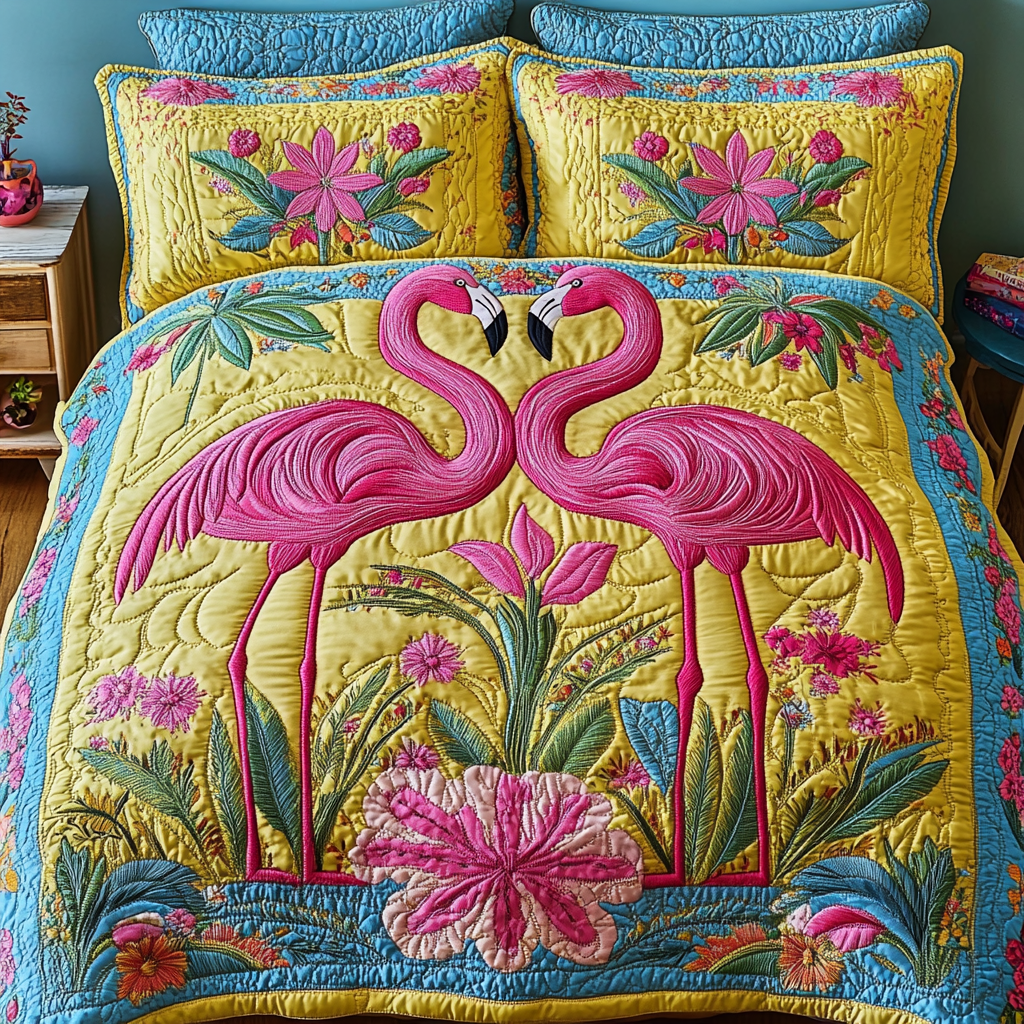 Flamingo Mood Quilted Bedding Set Cute Room Decor Gifts For Flamingo Lovers