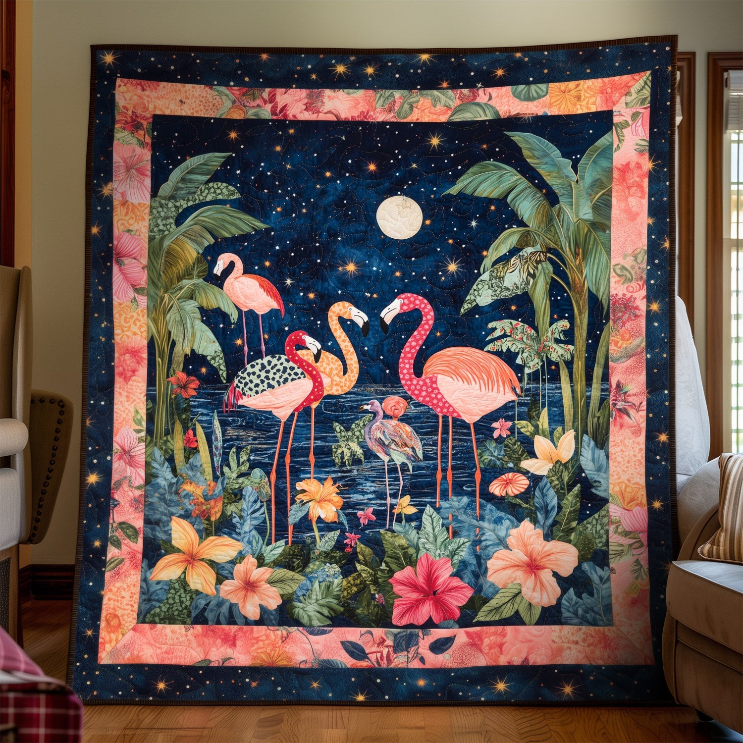 Flamingo Night Quilted Blanket Gifts For Flamingo Lovers