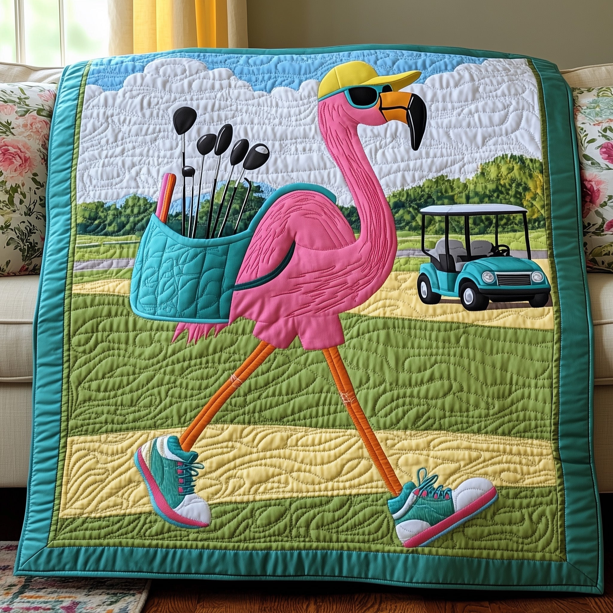 Flamingo on the Fairway Quilted Blanket Best Couch Throw BlanketFlamingo Inspired Gifts
