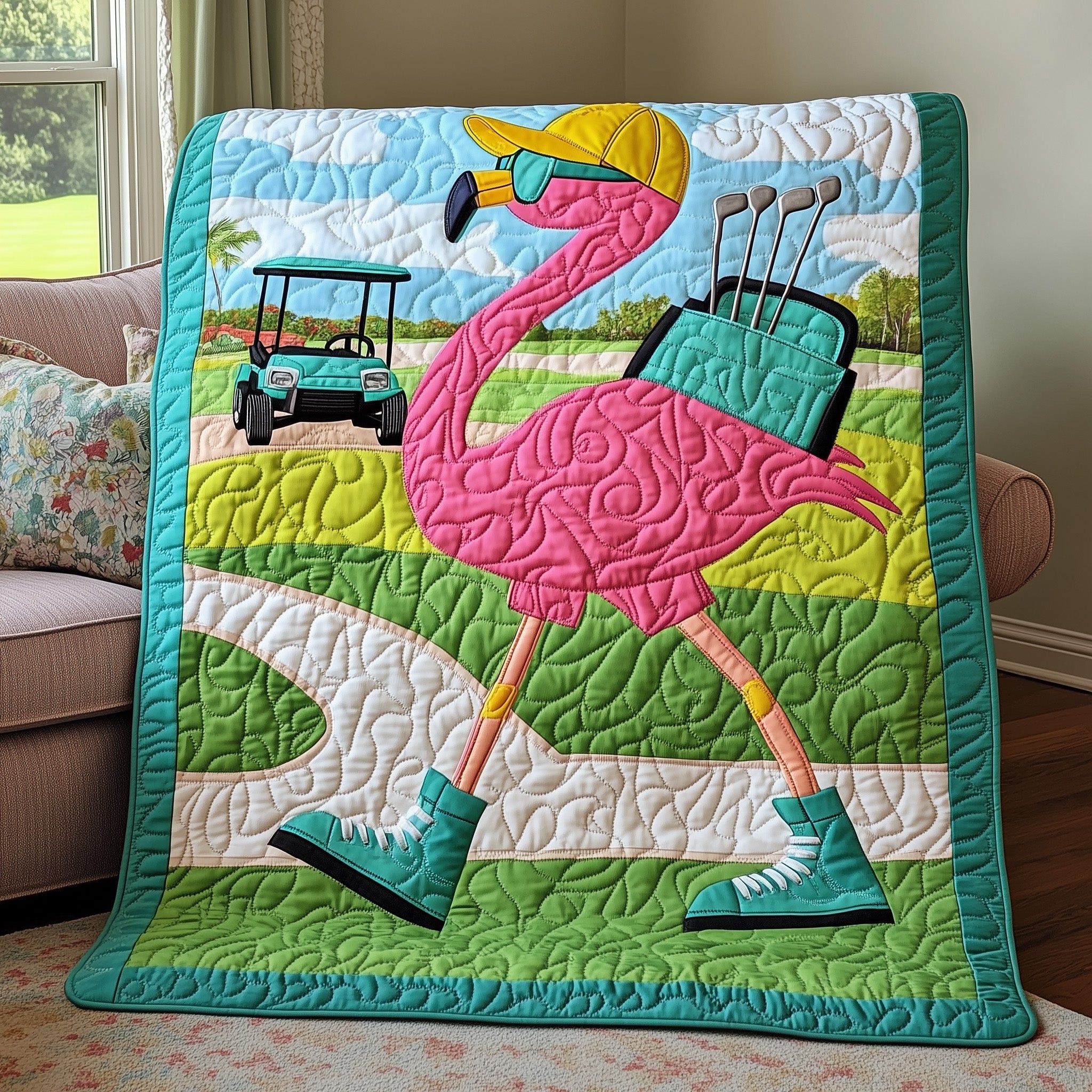 Flamingo On The Fairway Quilted Blanket Quilted Throw Blanket Gift for Home Decor