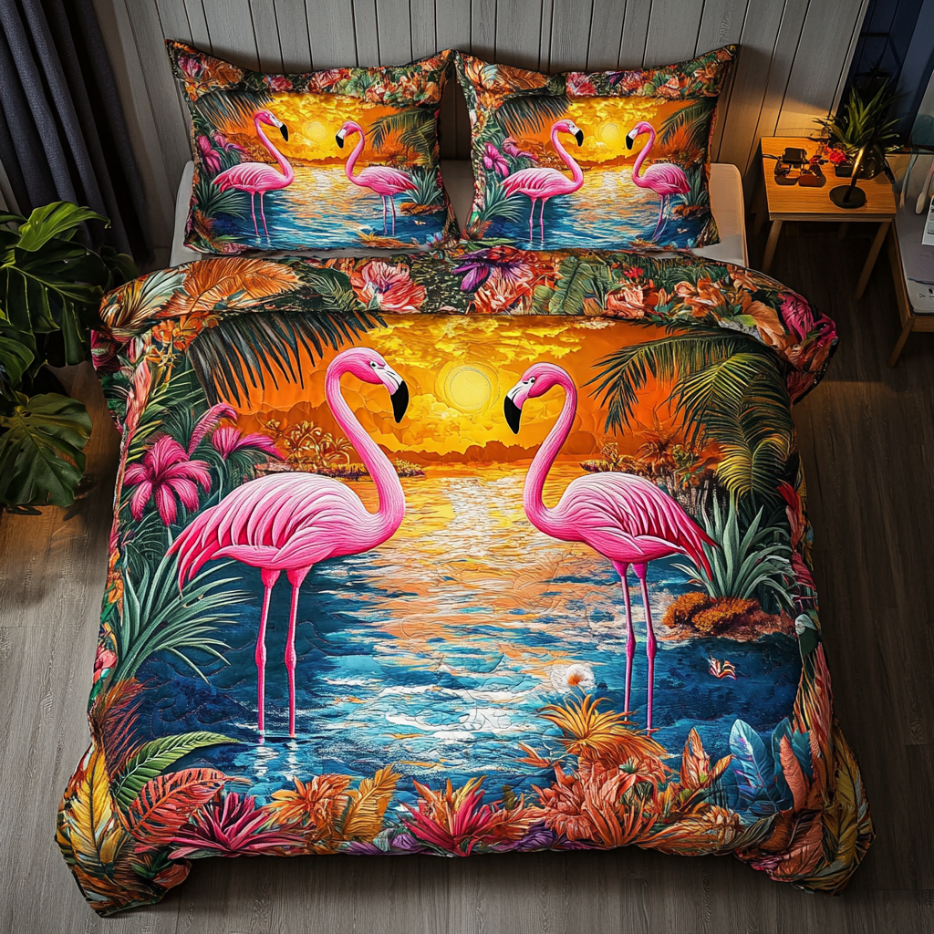 Flamingo Paradise Quilted Bedding Set Aesthetic Room Decor Best Flamingo Lover Gifts For Her