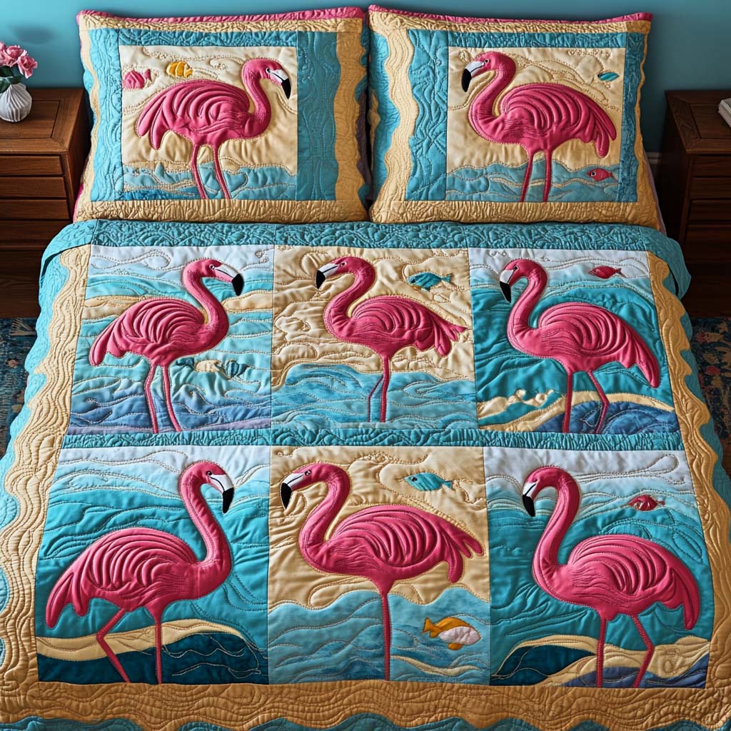 Flamingo Paradise Quilted Bedding Set Luxury Duvet Cover Set for Elegant Bedroom Decor