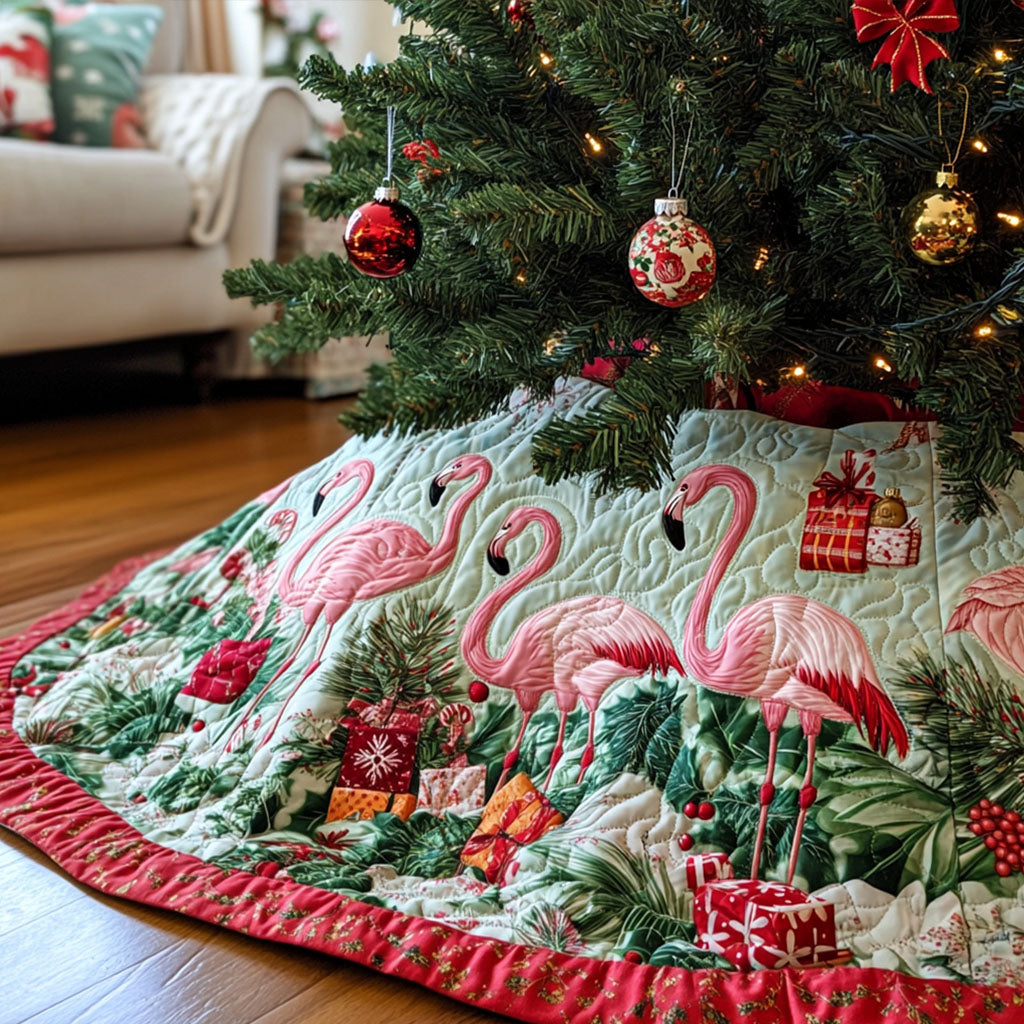 Flamingo Paradise Quilted Christmas Tree Skirt Warm and Soft Christmas Tree Skirt for Winter