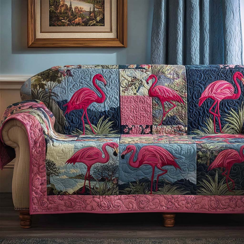 Flamingo Patch Quilted Sofa Cover Home Decor Flamingo Inspired Gifts