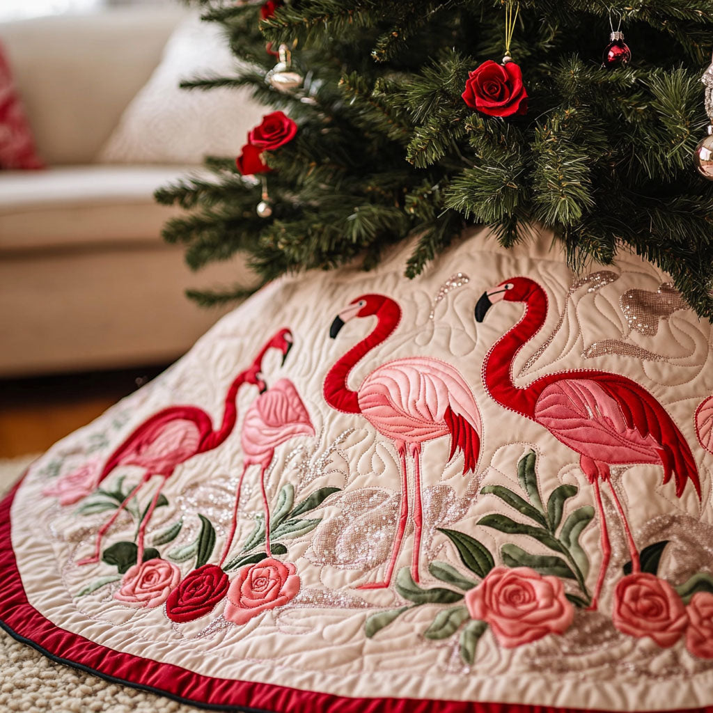Flamingo Retreat Quilted Christmas Tree Skirt Xmas Under-Tree Decoration