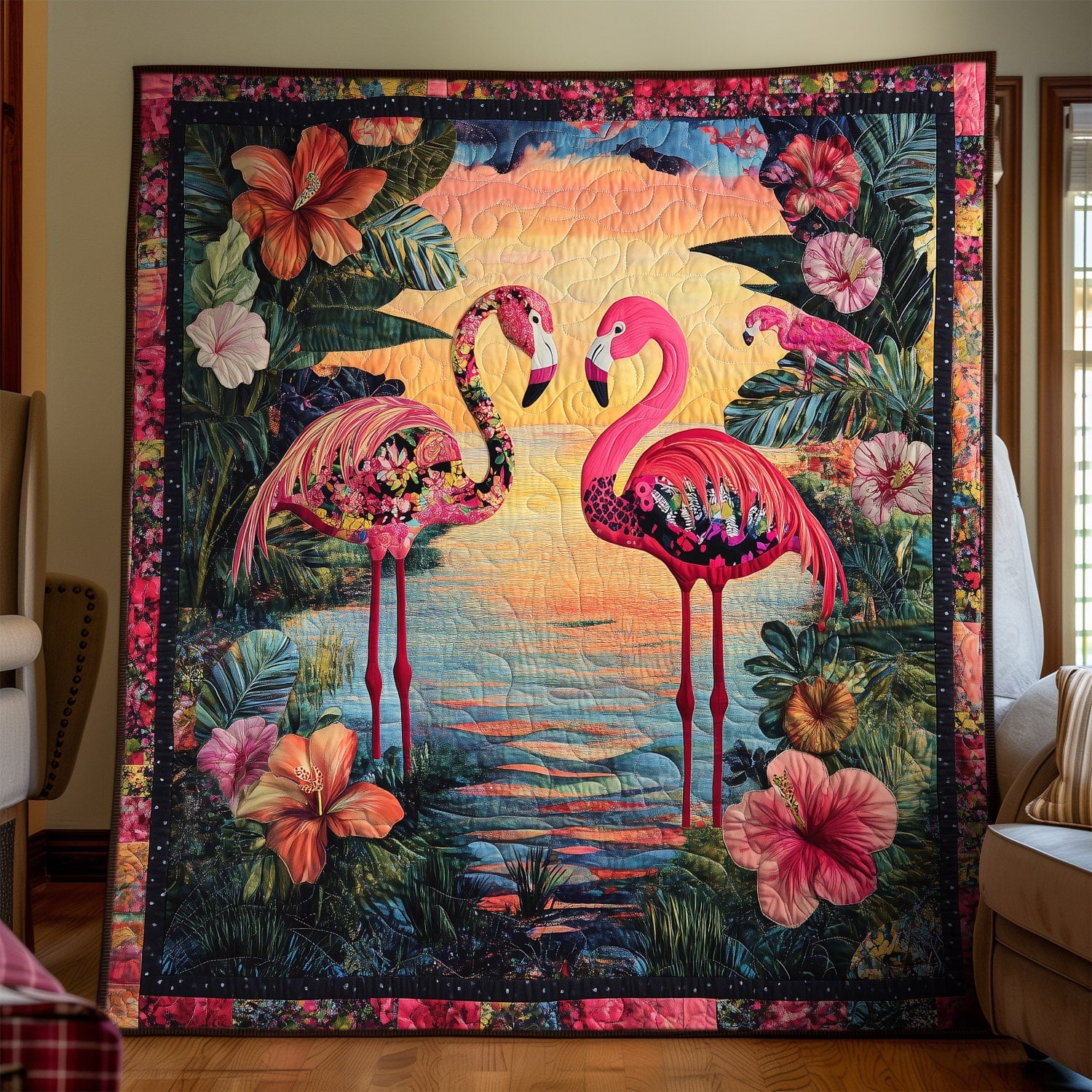 Flamingo Romance Quilted Blanket Gifts For Flamingo Lovers
