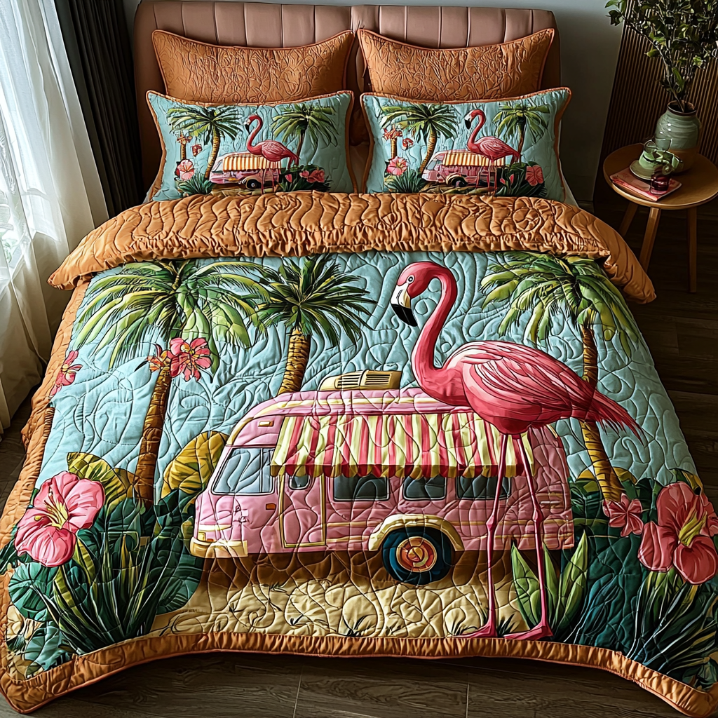 Flamingo RV Quilted Bedding Set Cozy Bedroom Decor Unique Pink Flamingo Gifts